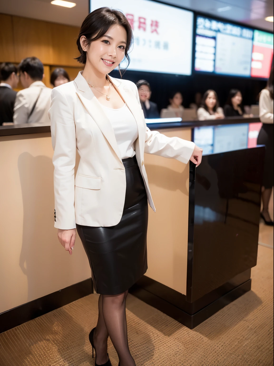 (RAW Photos:1.2), (Realistic:1.4),Beautiful detailed woman,非常にBeautiful Eyesと顔, Beautiful Eyes, Very detailed,High resolution, Very detailed,highest quality,Awareness-raising,Unified,8k wallpaper,masterpiece,highest quality,1 female,alone,rich,Whole Body Ezbian,（Slightly chubby),（D cup breasts）、Toned figure,There&#39;Foot meat,Narrow waist,alone,（White blazer jacket:1.4)、（Black blouse：1.2）,(Black pencil skirt:1.5）,（Black high heels）、（pantyhose：1.3）,Pearl Necklace：1.2， Short black hair、A kind smile,dignified atmosphere,black eye,Realistic,（Beijing Airport：1.3） , (Morning Airport:1.1)、（36 years old、Japanese）、（Going to work：1.2）、（The viewer is looking at her from the side.：1.5）、（She is walking：1.4）、（Full body photo：1.3）、Shoulder bag、