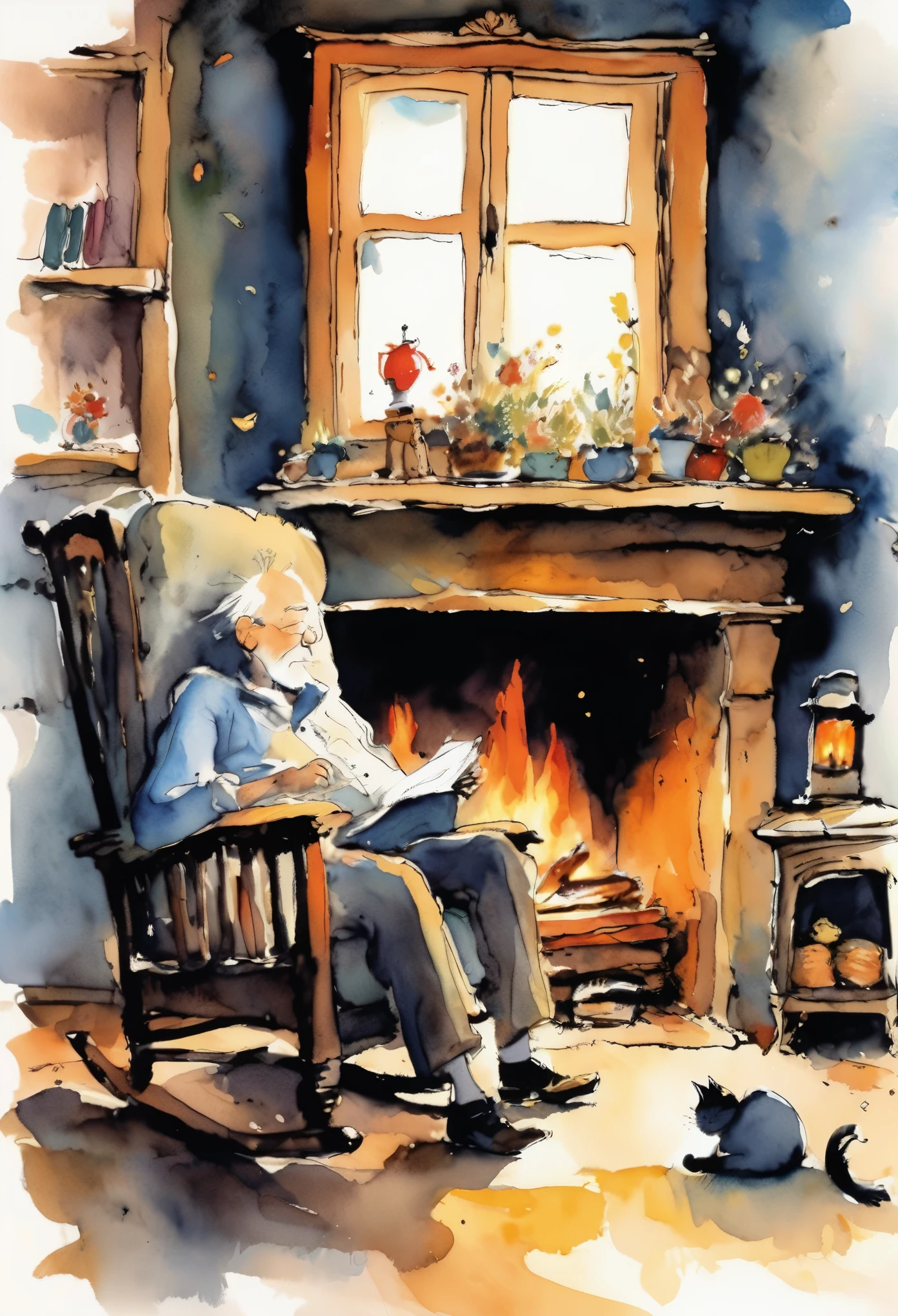 Quentin Blake style photo、Illustrations filled with love、An old man is sleeping in a rocking chair in front of the fireplace、A cat is sleeping on the grandfather's lap、Warm fireplace、A look of peace、The whole room is dark、Indoors at night、Calm expression、highest quality、masterpiece、Very detailed