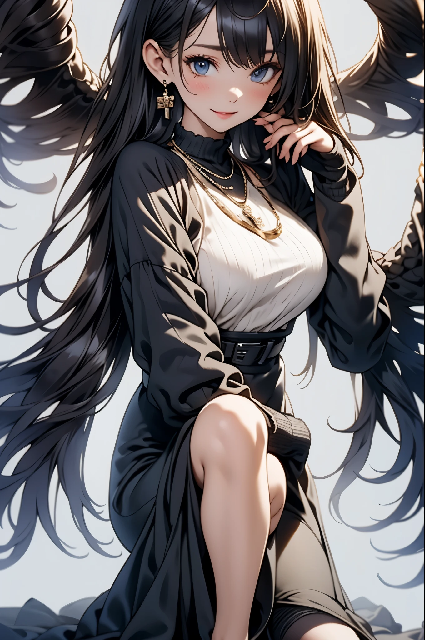 ((Biologically correct number of limbs))、(( Full body photo including face))、4K、Masterpiece、((focus on the face))、((Symmetrical facial features))、Eyes with detailed description、Beautiful woman、Outstanding style、Beautiful arms、Beautiful legs、Beautiful Hands、(slender)、Detailed depiction of faces、Small earrings、necklace、(shiny uniform、shiny skirt、High heels、stockings)smile、(Beautiful legsのアップ)、