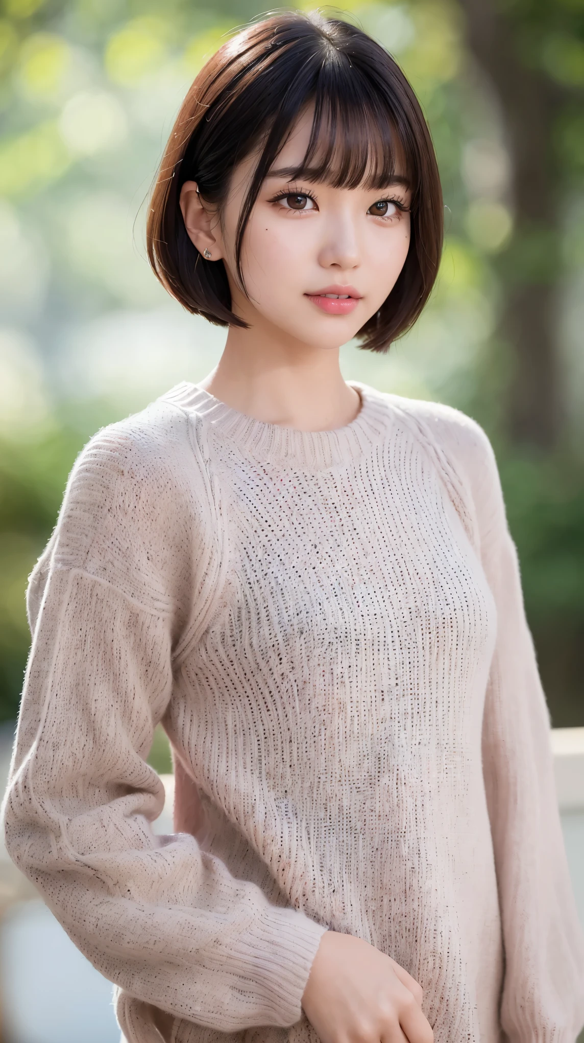 (masterpiece, Best image quality, high quality, High resolution, Realistic:1.2), (Bright lighting, Professional Lighting), One Woman, Realistic Skin, Fine skin, Beautiful Skin, expensive, Muscular body, (Black Hair, short hair, Bangs are parted to the left and right, Eyelash extensions, Sharply draw eyelashes, Fine grain, Iris, Your eyes are sparkling, How to draw eyes carefully, Watching the audience, cute, Embarrassing, A little red cheeks:1.2), (Lean upper body:1.2), A portrait-like solid color background, (A thin sweater in the color of Japanese spring, The clothes fit:1.3), A kind smile, I can see some teeth, Upper body shot