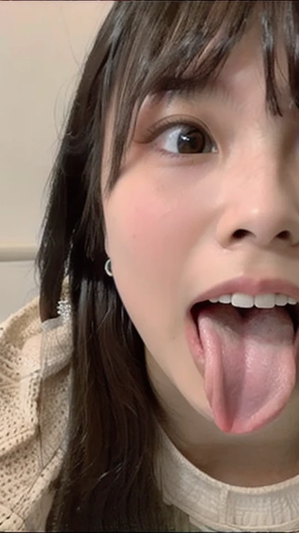 Japanese woman, beautiful girl, baby face, highest quality realistic skin, eyes in focus, 20 years old, sticking out tongue, focus on mouth, open mouth, long tongue, saliva, open mouth wide, inside of mouth visible, open mouth and sticking out tongue, realistic tongue