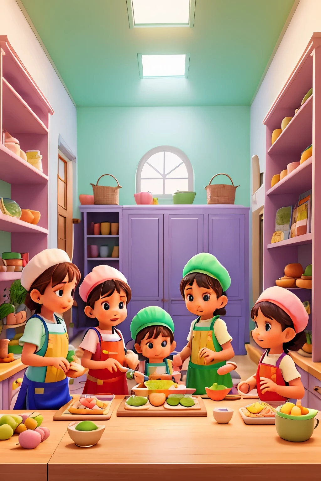 four cooking with aprons and chef's hats in a bright, pastel-colored kitchen, com luz entrando pela janela,, high ceiling height, lots of colorful and charming fruits and vegetables and books and history on the shelves and on the table. estilo historia em quadrinhos