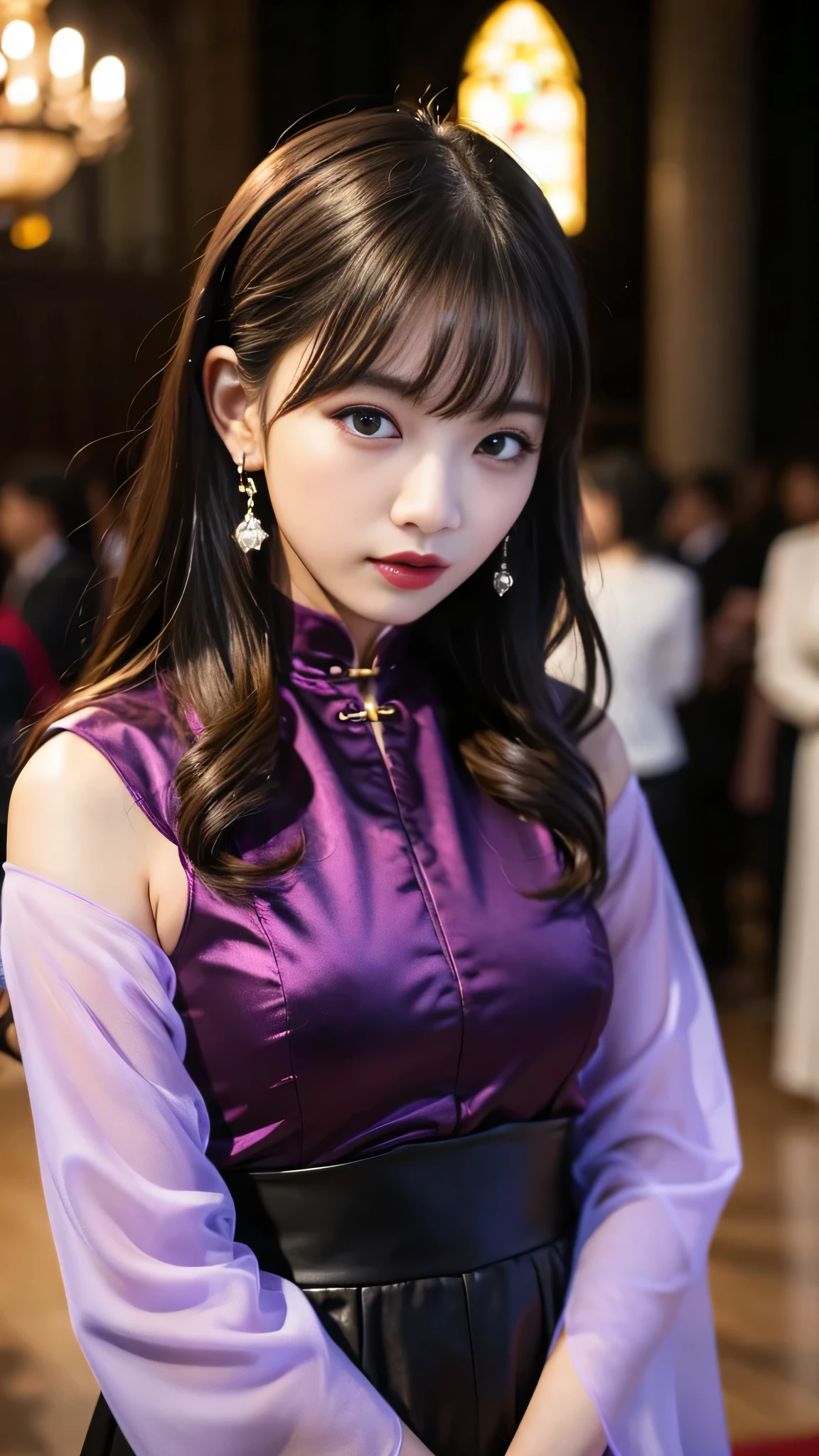 tra-detailed、Japanese、Attractive beauty、seductive adult woman、Pretty Woman、cool girl、brown hair、wavy hair、swept bangs、piercing eyes、hollow eyes、half-closed eyes、Hollow Eyes、Purple Eyeshadow、black lipstick、black lip gloss、dark makeup、smirk、Whisper in my ear、Evil expression、Long Black Cheongsam、Black wide sleeves、Evil cadres、Fallen into evil、brainwash、mind control、evil、Church at night、Swear allegiance、Have lipstick、Are standing