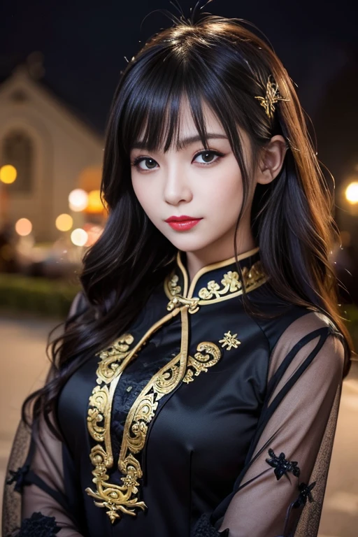 tra-detailed、2people、japanese people、attractive beauty、Captivating large people women、pretty woman、piercing eyes、cool girl、wavy hair、swept bangs、Long Black and Gold Cheongsam、wide sleeves、Evil cadres、evil depravity、brainwash、mind control、lipstick、have、lip gloss、dark makeup、smirk、Evil expression、evil、hollow eyes,half-closed eyes、empty eyes、evil、church at night、vampire、succubus、vampire、Swear allegiance、sexy pose