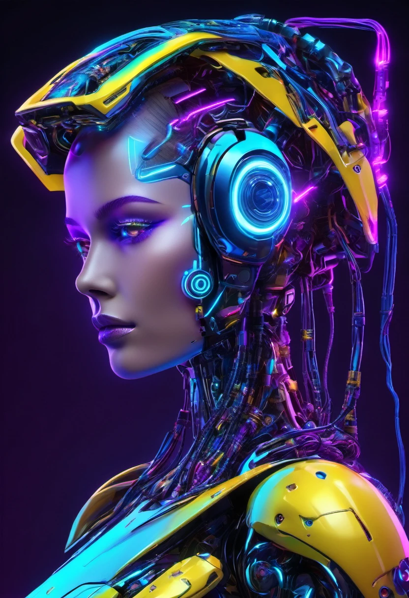 Cyber robot design, artificial intelligence,machine brain, computador, colorido neon, fundo preto, azul neon, roxo neon, amarelo neon, ciborgue, head I.A, alta qualidade, cores vivas, not human