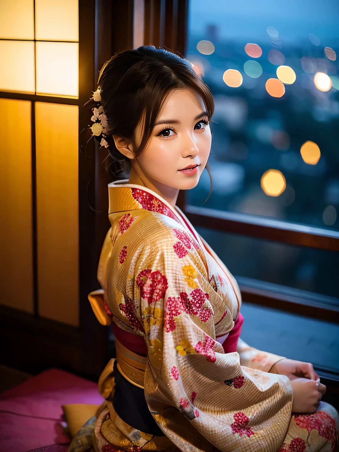 photorealistic, Maria Ozawa, beautiful Japan woman, traditional kimono, natural figure, soft smile, impressive gaze, traditional hairstyle, Japanese room at dusk, sitting by the window, illuminated by city lights, (attractive pose), professional photographer, shallow depth of field, backlit,