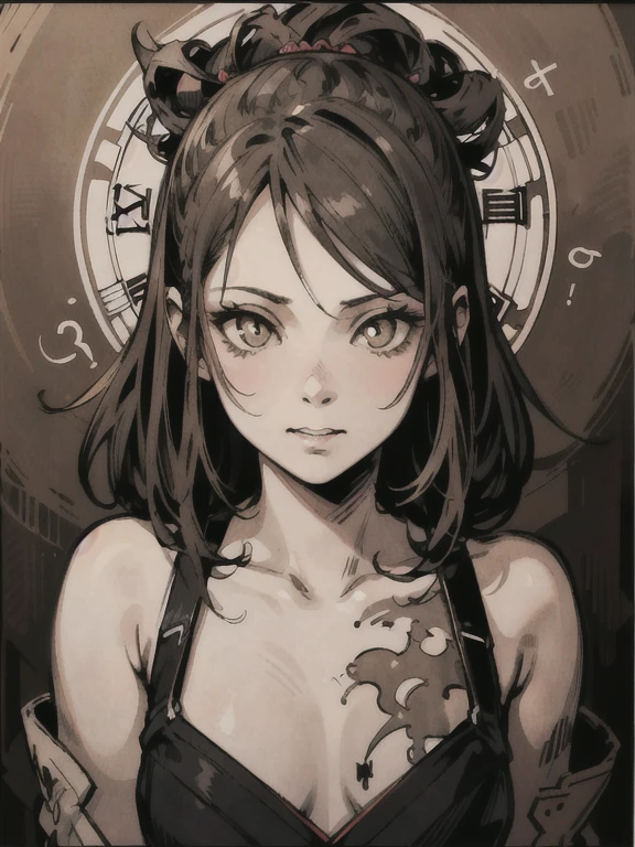 (High resolution), (Ultra delicate), (clear), Realistic,((Sepia hair girl)).((punk)),face,Skin realism、A fusion of Japanese style and the near future、Black pupil、Astrology