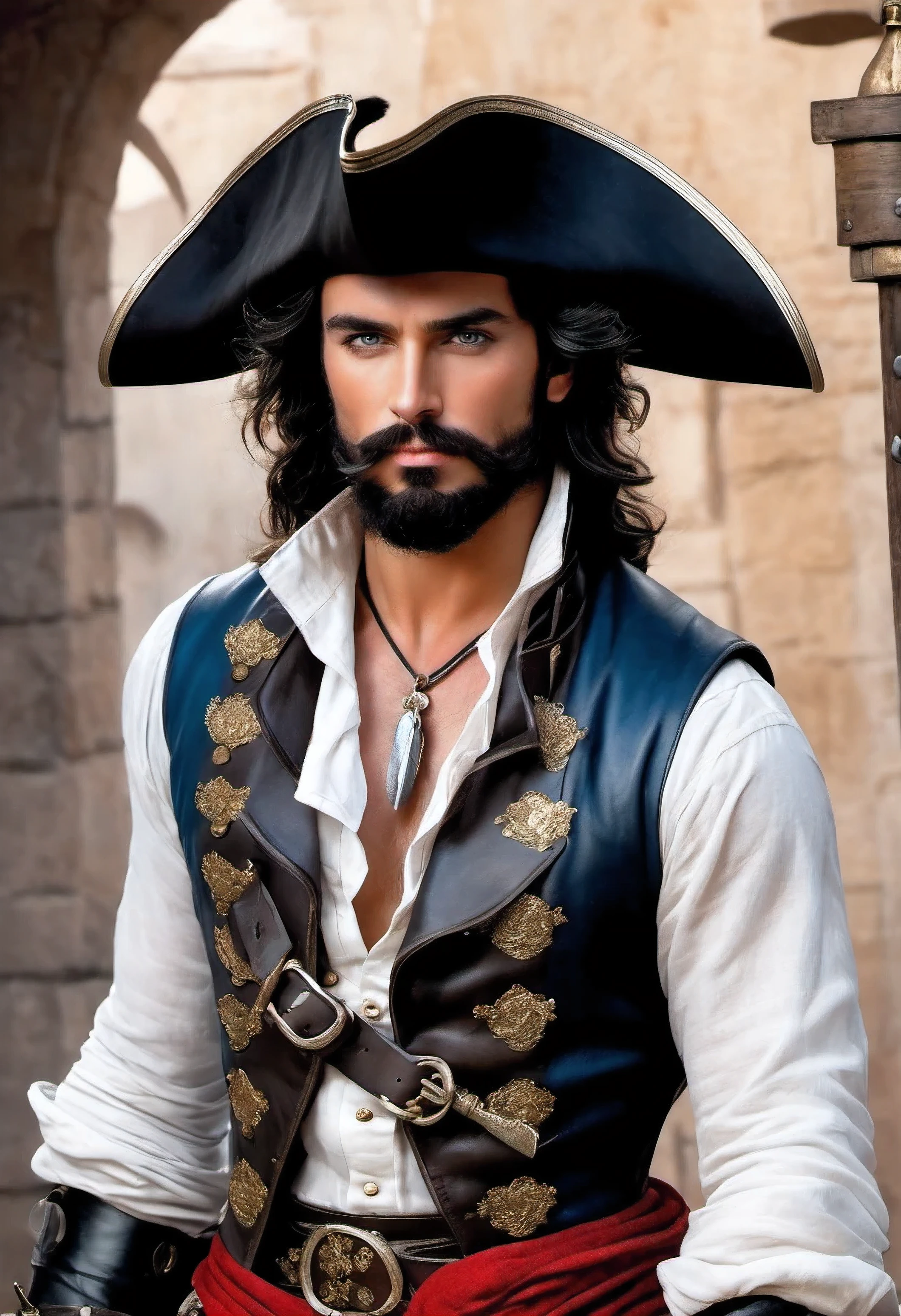 Portrait of Olivier Levasseur, 18th-century French pirate, medium height, muscular, athletic body, long, thick black hair, often tied in a ponytail, thick, black, pointed beard, piercing blue eyes, expresses an intense, intimidating gaze, dressed in an open white linen shirt, worn leather vest adorned with bangs and metal studs, wide blue canvas pants, high leather boots laced up to the knees, flat-brimmed hat decorated with a feather or red scarf, stolen gold and silver jewelry, saber or sword hanging from the belt.
Raw photo, photorealistic, highly detailed texture, 8k uh, DSLR, soft lighting, high quality.