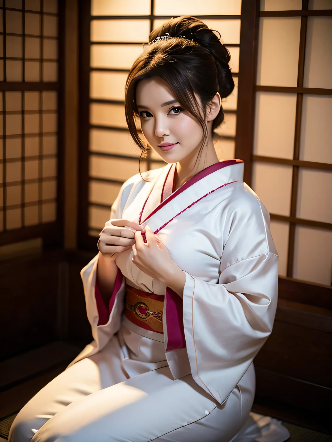 photorealistic, Maria Ozawa, beautiful Japan woman, traditional kimono, natural figure, soft smile, impressive gaze, traditional hairstyle, Japanese room at dusk, sitting by the window, illuminated by city lights, (attractive pose), professional photographer, shallow depth of field, backlit,