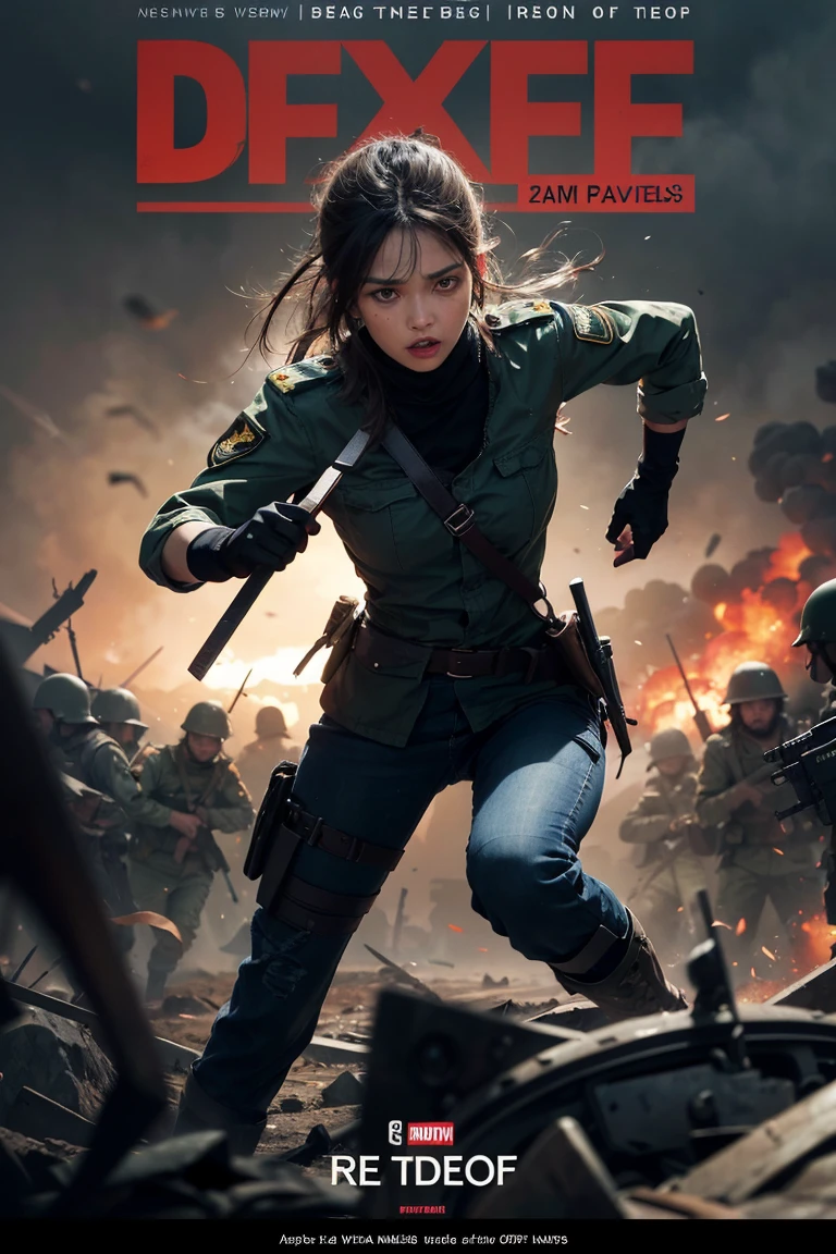 Create a gripping and powerful war-themed magazine cover. Feature a central image of soldiers in action, surrounded by chaotic battle scenes. Use desaturated colors and rough textures to create a somber atmosphere. Add sharp, angular typography for the title and headlines. Overall, the cover should convey a sense of intensity and conflict, drawing viewers into the story inside