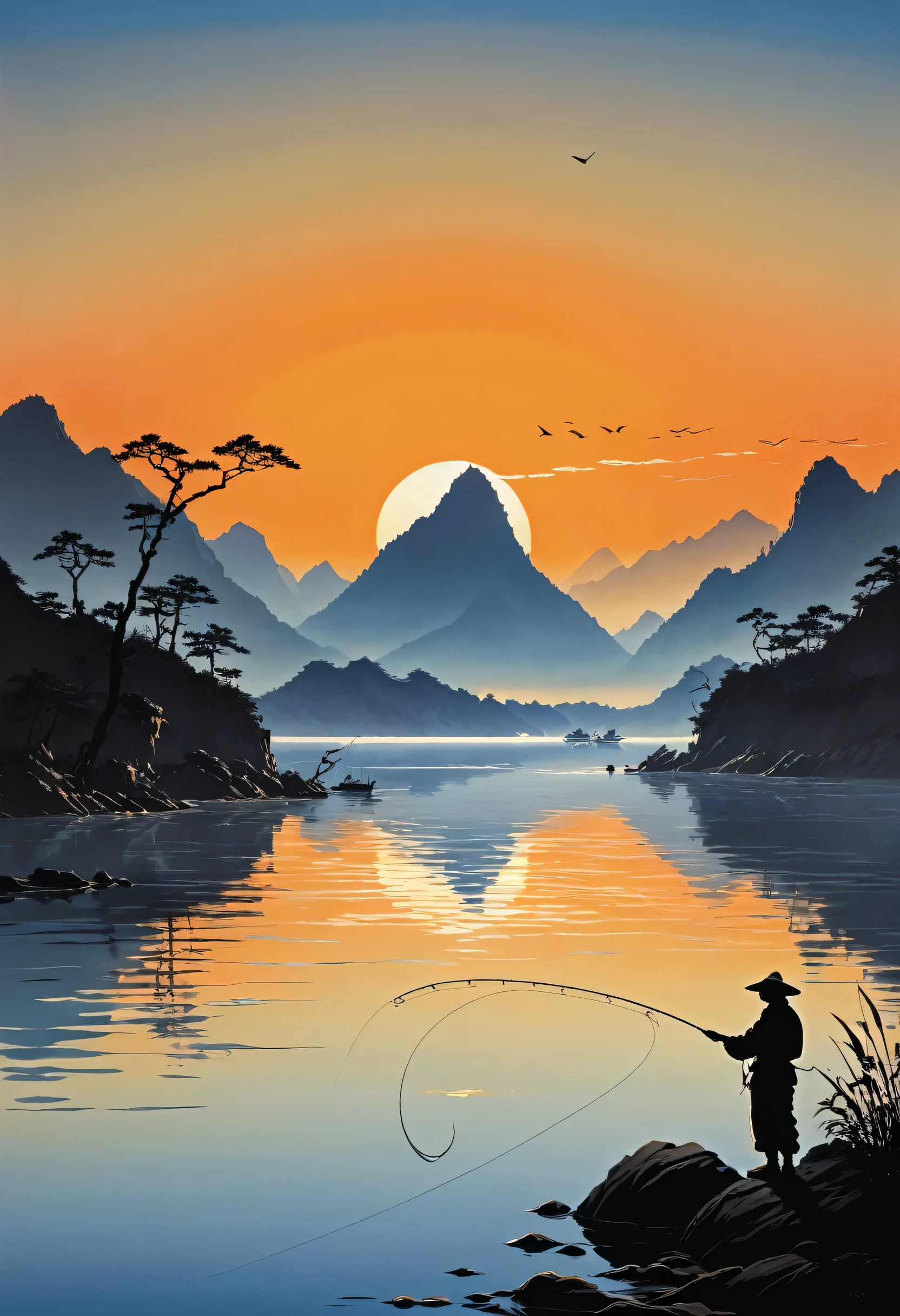 Silhouette of an angler casting a line at sunset, Mountain々Against the backdrop of、The calm water reflects orange. This scene is by Chinese artist、Painted in the style of Chang Dai-chien。.
