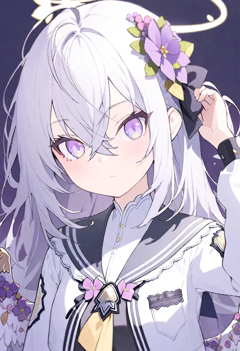 azusa-default, azusa \(blue archive\),AddXL, 1girl :< ahoge black_dress black_sailor_collar blush closed_mouth crescent cropped_jacket crossed_bangs dress expressionless falling_feathers feathered_wings feathers flower frilled_sailor_collar frills grey_hair hair_between_eyes hair_flower hair_ornament halo hand_in_own_hair jacket long_hair long_sleeves looking_at_viewer low_wings neckerchief puffy_long_sleeves puffy_sleeves purple_background purple_eyes purple_flower sailor_collar solo upper_body white_jacket white_wings wing_ornament wings yellow_halo yellow_neckerchief