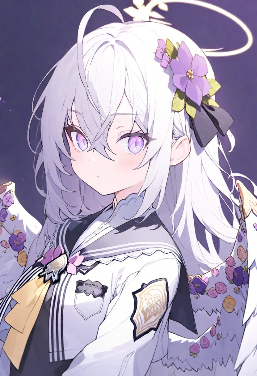 azusa-default, azusa \(blue archive\),AddXL, 1girl :< ahoge black_dress black_sailor_collar blush closed_mouth crescent cropped_jacket crossed_bangs dress expressionless falling_feathers feathered_wings feathers flower frilled_sailor_collar frills grey_hair hair_between_eyes hair_flower hair_ornament halo hand_in_own_hair jacket long_hair long_sleeves looking_at_viewer low_wings neckerchief puffy_long_sleeves puffy_sleeves purple_background purple_eyes purple_flower sailor_collar solo upper_body white_jacket white_wings wing_ornament wings yellow_halo yellow_neckerchief