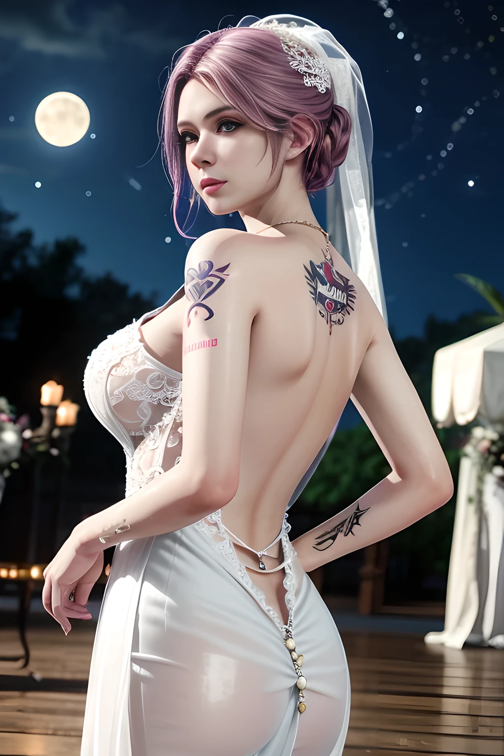 1 girl,standing posture,(( Backless Wedding Dress, see-through)), outdoor,elegant,nighttime,moonlighe,shiny skin,( huge breasts:1.1), lip gloss,( tattoos:1.3), masterpiece, best quality, realistic ,Surrealism,,Rich artistic colors, 8K,soft shadows,Portrait art,solo, elise,