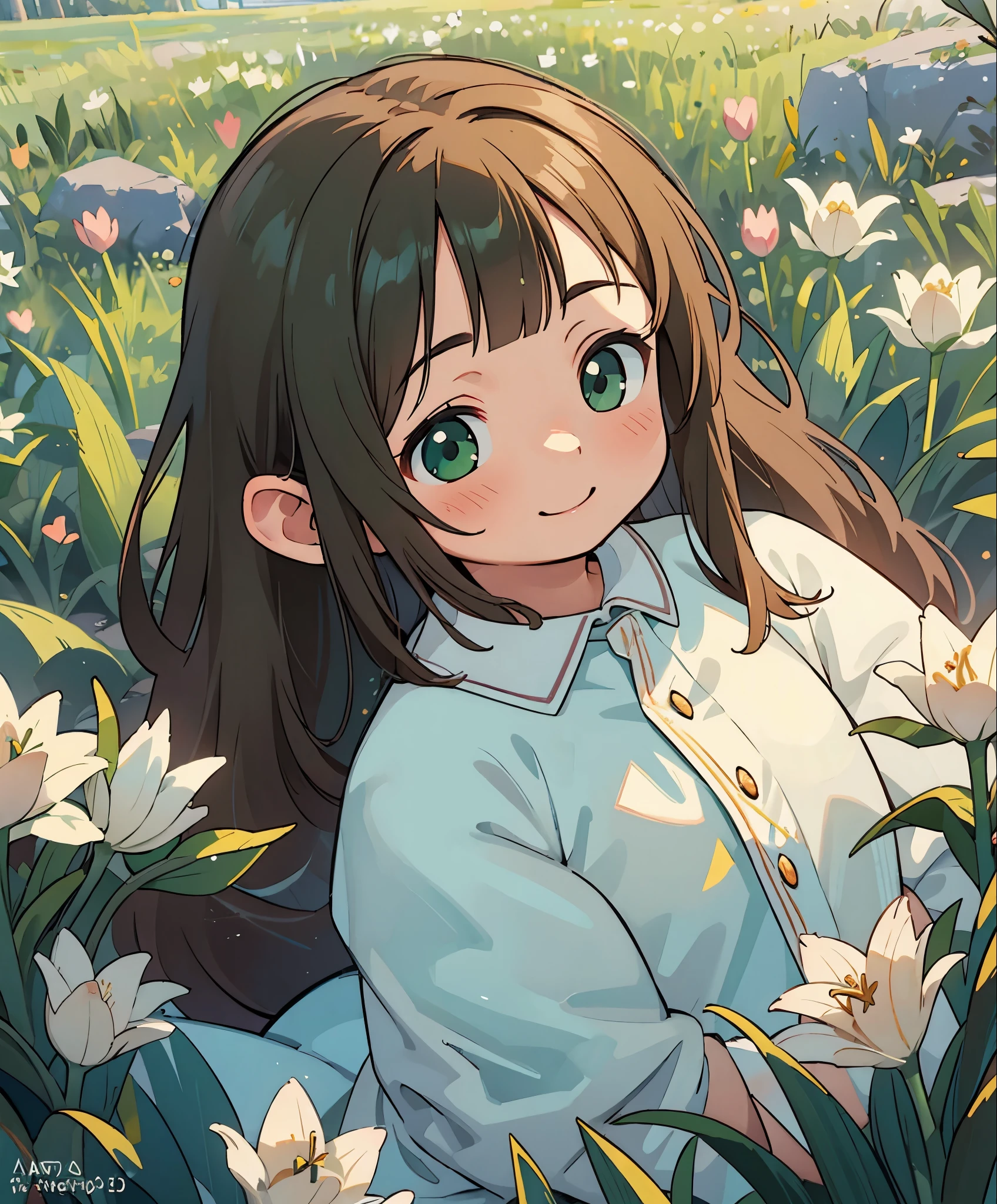 (masterpiece), (highest quality), Ultra-high resolution, Sharp focus, ((1 female, alone)), Upper Body, Dutch Angle, Beautiful fine hair, Chestnut Hair, Long hair falling, Beautifully detailed face, ((Beautifully shaped eyes, Green Eyes)), Perfect feminine face, Looking at the audience, smile, Feminine light coordination, In the lily meadow, Sit on the ground