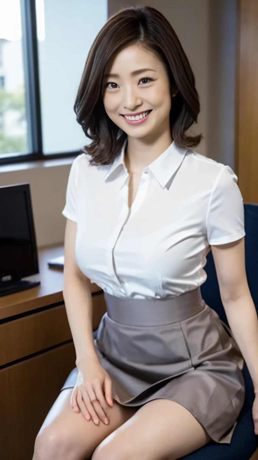 1 Japanese female,OL、office、Mid Shot、Shiny skin,smile、愛らしいsmile、Laughing with your mouth open、officeの服装、Black Hair、Business shirts、Tight shirt、The bust is large、Slightly chubby、Grey tight skirt、mini skirt、Panties、Black Hair、pumps,highest quality,Very delicate and beautiful 8K,Very high resolution,,Beautiful detailed girl,Realistic、officeの中、officeのSit on a chair、Computer Desk、Beautiful appearance、Sit on a chair、Spread your legs、Spread your legs、Very short skirt、Pantiesが見える、Show off your thighs