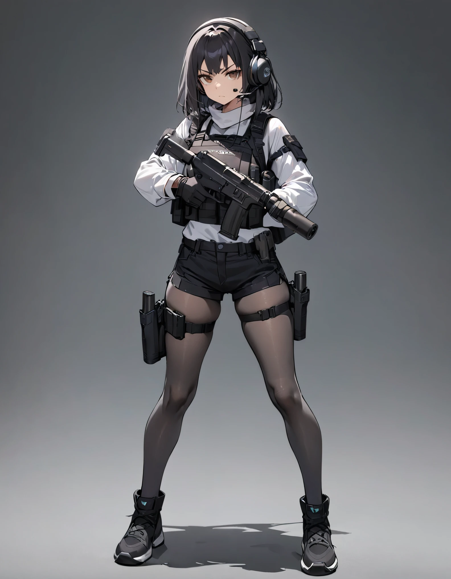 (masterpiece, best quality, high quality, highres, ultra-detailed), 1girl, muslim, brown eyes, full body, gloves, black hair, serious, stoic, headset, holster, kochiy sanae, solo, suppressor, thigh holster, thigh strap, trigger discipline, weapon, medium hair, matching grey pantyhose, black shorts, tights. Holding dual pistols in his detailed hands, 