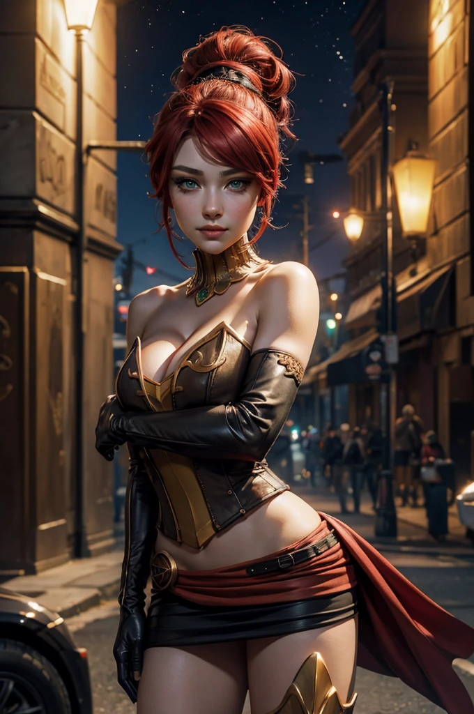 stunning girlfriend, heart shaped face, elegant face, beautiful face, highly detailed face, highly detailed skin, skin pores, subsurface scattering, realistic pupils, full lips, detailed background, depth of field, atmospheric perspective, volumetric lighting, sharp focus, absurdres, realistic proportions, good anatomy, (realistic, hyperrealistic:1.4), 16k hdr, ((best quality)), ((highly detailed)), absurdres, (detailed eyes, deep eyes), (1girl), full body, pyrrha nikos, rwby, red hair, ponytail, green eyes, medium breasts, smiling, circlet, bustier, bare shoulders, skirt, elbow gloves, bracers, armored boots, hands on hips, (outside, night, stars, Al Khazneh, Petra, Jordan, crowd