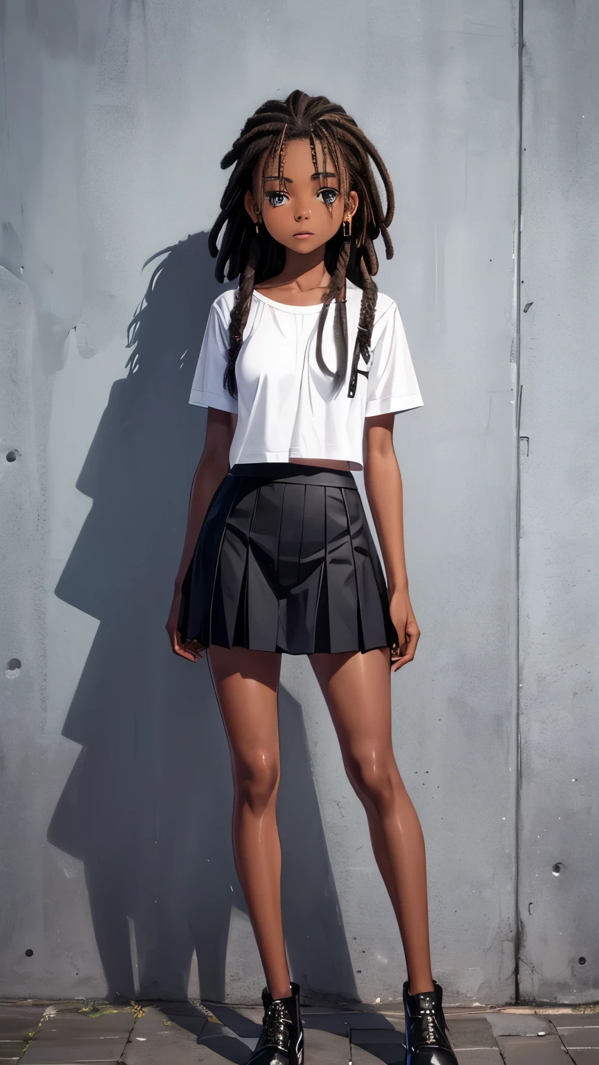 high quality manga style, 18 uears old pretty Jamaican dark skin girl, shoulder length dread hair stand still with long straight legs wearing deep black mini skirt and short white shirtrt, no back ground, facing front, full body shot, looking into camera lenz facing front