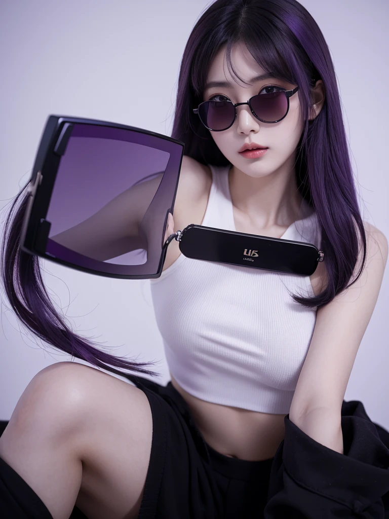 a Korean girl, purple hair, Black sunglasses., Surrealism, UHD, high quality, 8k