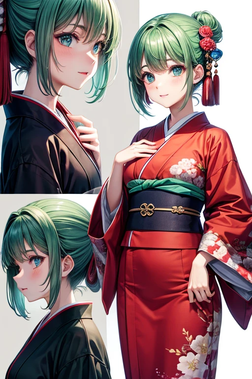 Hair style、short、kimono、Eye color green