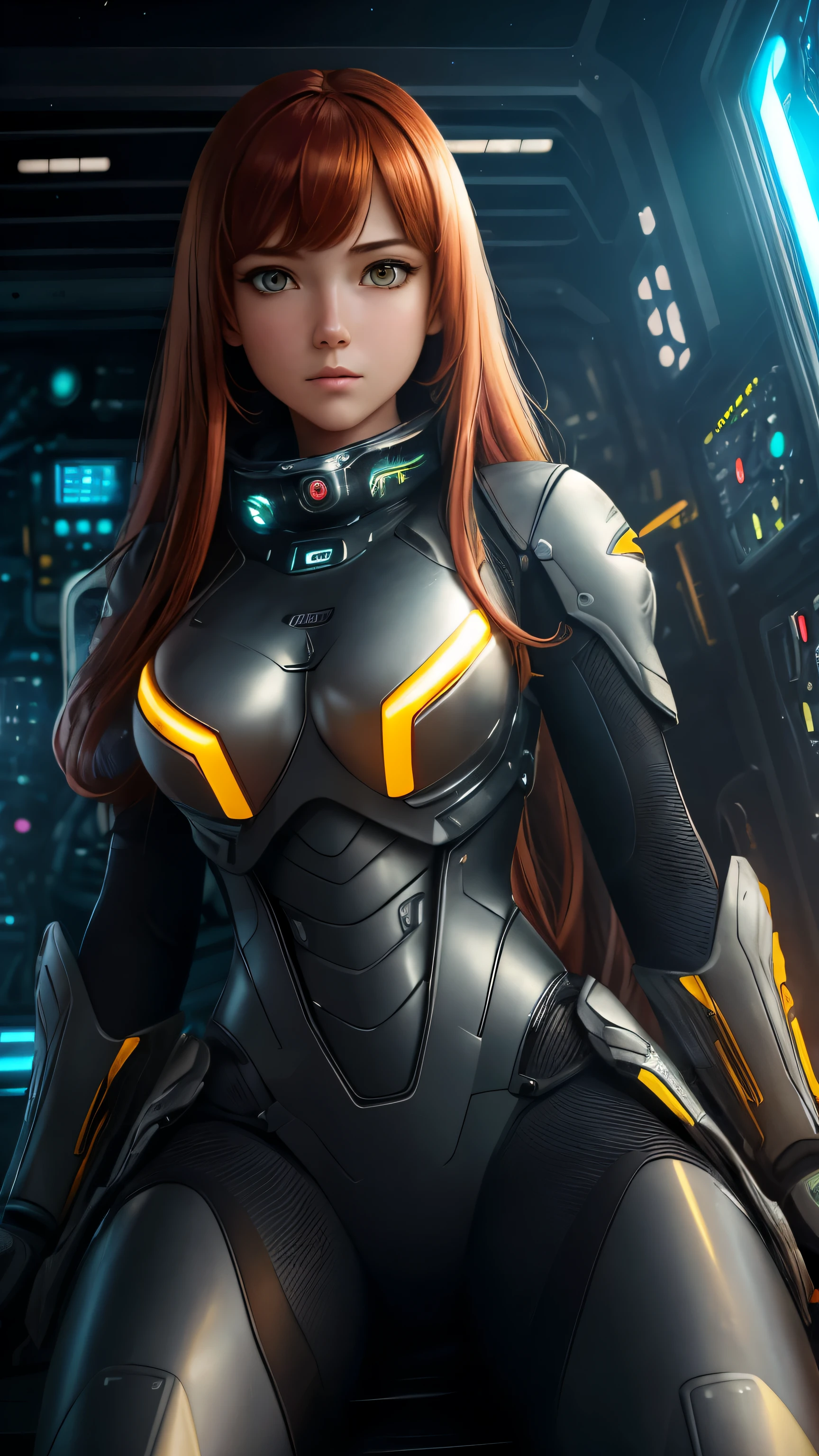 high resolution, highest quality, illustration, ultra detailed, (detailed face), (detailed eyes), cinematic lighting, Best quality, hyper detailed, masterpiece, 1 girl, Solo, red hair, yellow eyes, bangs, tail horse, mechanical column, Exosuit, wires and cables, luminous eyes, medium breasts, rays of light, (colorful), sitting, from above, cold tones, computers, science fiction