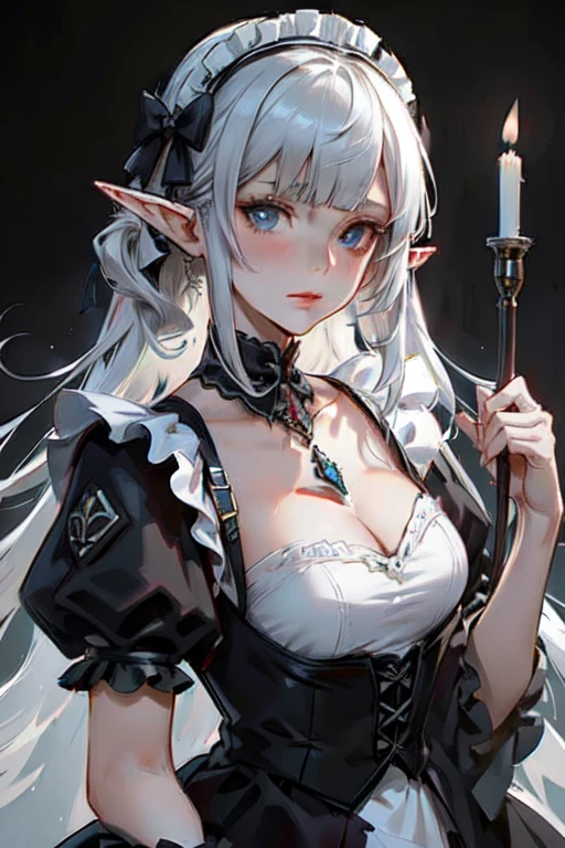 ((masterpiece )), (top quality), (best quality), ((ultra-detailed, 8k quality)), Aesthetics, volumetric lighting, (detailed line art), 
BREAK, 
highly detailed of (elf), (1girl), perfect face, details eye, double pigtails hair, Blunt bangs, (hair between eye), white hair, blue eyes, eyelashes, eyeshadow, pink eyeshadow, light smile, design art by Artgerm, by Kawacy, By Yoshitaka Amano,
BREAK,
portrait, frensh maid in a frensh maid outfit, victorian goth maid, headdress, indoors, ((antique victorian mansion)), dusty, dimly lit, candleholders, covered in cobwebs, cowboy shot, dynamic angle, side table, dangling her feet, sleepy eyes, tired expression, utmost boredom, looking at viewer, rests her chin on her hand, (graphic background, (plain background)), correct anatomy, amano yoshitaka, webbedtech, fuzzy organic webs, eroguronansensu, horror, Goat, gothic artstyle,
BREAK, 
((perfect anatomy)), nice body, medium breast, extremely detailed finger, best hands, perfect face, beautiful face, beautiful eyes, perfect eyes, perfect fingers,