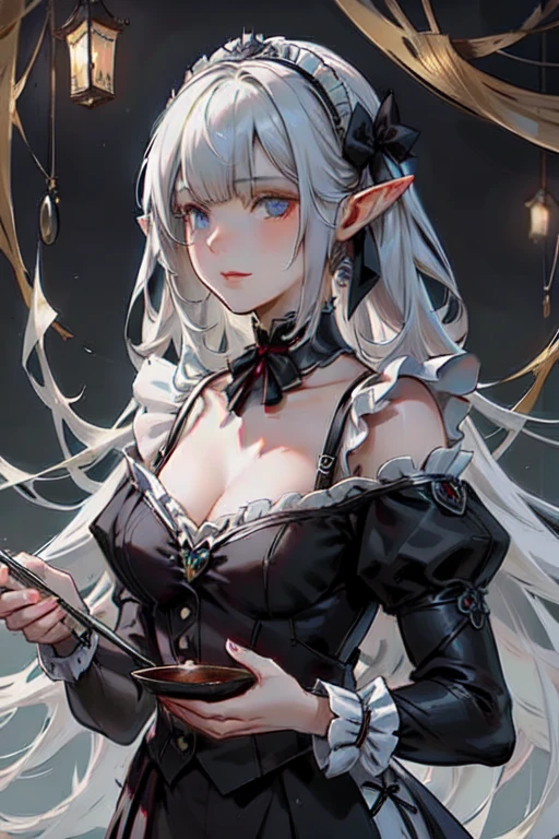 ((masterpiece )), (top quality), (best quality), ((ultra-detailed, 8k quality)), Aesthetics, volumetric lighting, (detailed line art), 
BREAK, 
highly detailed of (elf), (1girl), perfect face, details eye, double pigtails hair, Blunt bangs, (hair between eye), white hair, blue eyes, eyelashes, eyeshadow, pink eyeshadow, light smile, design art by Artgerm, by Kawacy, By Yoshitaka Amano,
BREAK,
portrait, frensh maid in a frensh maid outfit, victorian goth maid, headdress, indoors, ((antique victorian mansion)), dusty, dimly lit, candleholders, covered in cobwebs, cowboy shot, dynamic angle, side table, dangling her feet, sleepy eyes, tired expression, utmost boredom, looking at viewer, rests her chin on her hand, (graphic background, (plain background)), correct anatomy, amano yoshitaka, webbedtech, fuzzy organic webs, eroguronansensu, horror, Goat, gothic artstyle,
BREAK, 
((perfect anatomy)), nice body, medium breast, extremely detailed finger, best hands, perfect face, beautiful face, beautiful eyes, perfect eyes, perfect fingers,