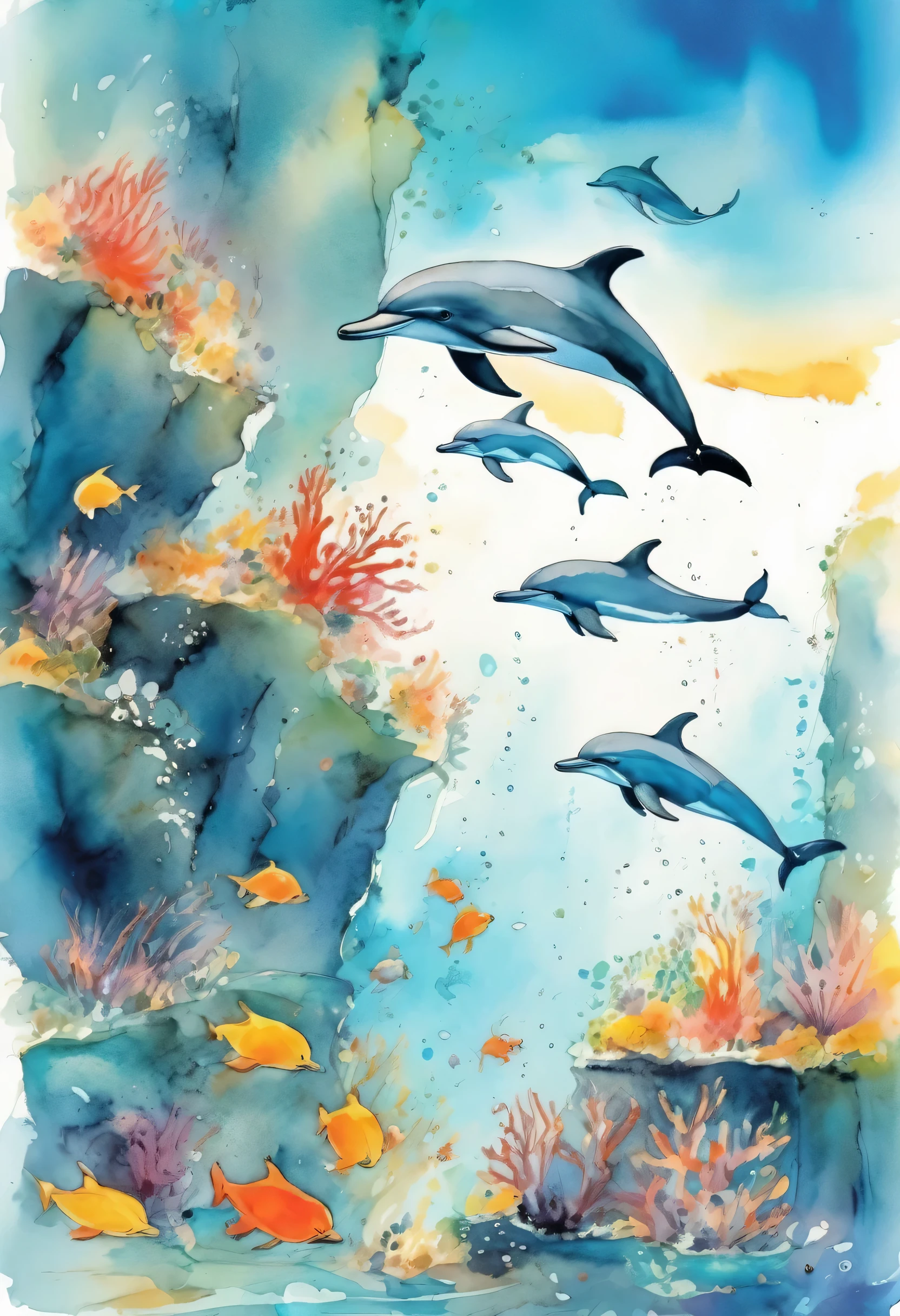 Quentin Blake style photo、Illustrations filled with love、Underwater scenery、A group of dolphins swim、The bright sea with light pouring down、Rocks and corals、 、highest quality、masterpiece、Very detailed