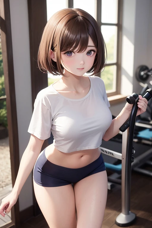 nsfw, 1 girl, medium breasts, gym uniform, gym shirts, white t-shirts, buruma, pixie cut, curly hair, Light brown hair, blue eye