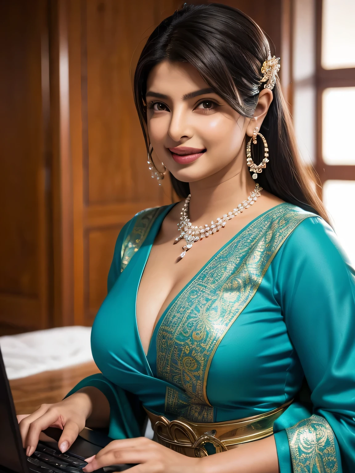 masterpiece, best quality, ultra-detailed, illustration,(Priyanka Chopra),beautiful detailed eyes, looking at viewer, (holding a computer keyboard), happy, (turquoise hair:1), (blue rounded eyes:1), (round earring), (turquoise big gem necklace), cute round face, long hair, smile, fantasy chinese clothes