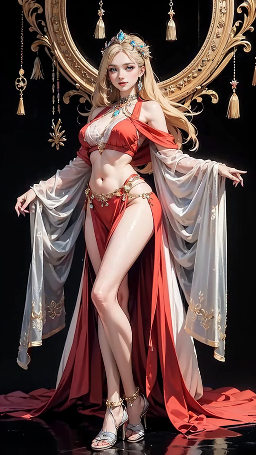 Please follow all prompts below exactly and faithfully. This is a breathtaking masterpiece of digital illustration, with maximum resolution, UHD, 512K, 2160p, 10 million ppi, 300 million dpi, natural color tones, ultra sharp details, perfect outlines with contrast, ((most realistic skin and hair textures:1.5)), most beautiful detailed eye features, perfect anatomically correct human body, beautiful background with depth, rule of thirds, depth of field, Maximize all element is used to its full potential to create the best digital illustrations,
BREAK 1woman, sexy:1.5, beautiful face sharp, elegant woman, perfect body style, slender, beautiful big breasts, green eyes, blonde hair, hair over one eye, long hair, glossy very thick lips:0.7, pink lipstick:0.7, smile,
BREAK Bright red flamenco dancer costume, rose hair ornament, deep cleavage, red high heels, long skirt with large frills: 1.5, black background:1.5,