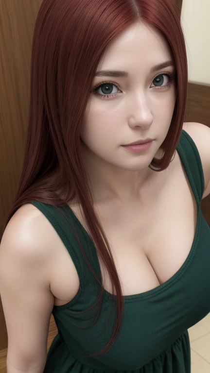 uzumaki_kushina, big_breasts, standing, solo, kushina_green_dress, masterpiece, best quality, detailed face, detailed eyes, highres,