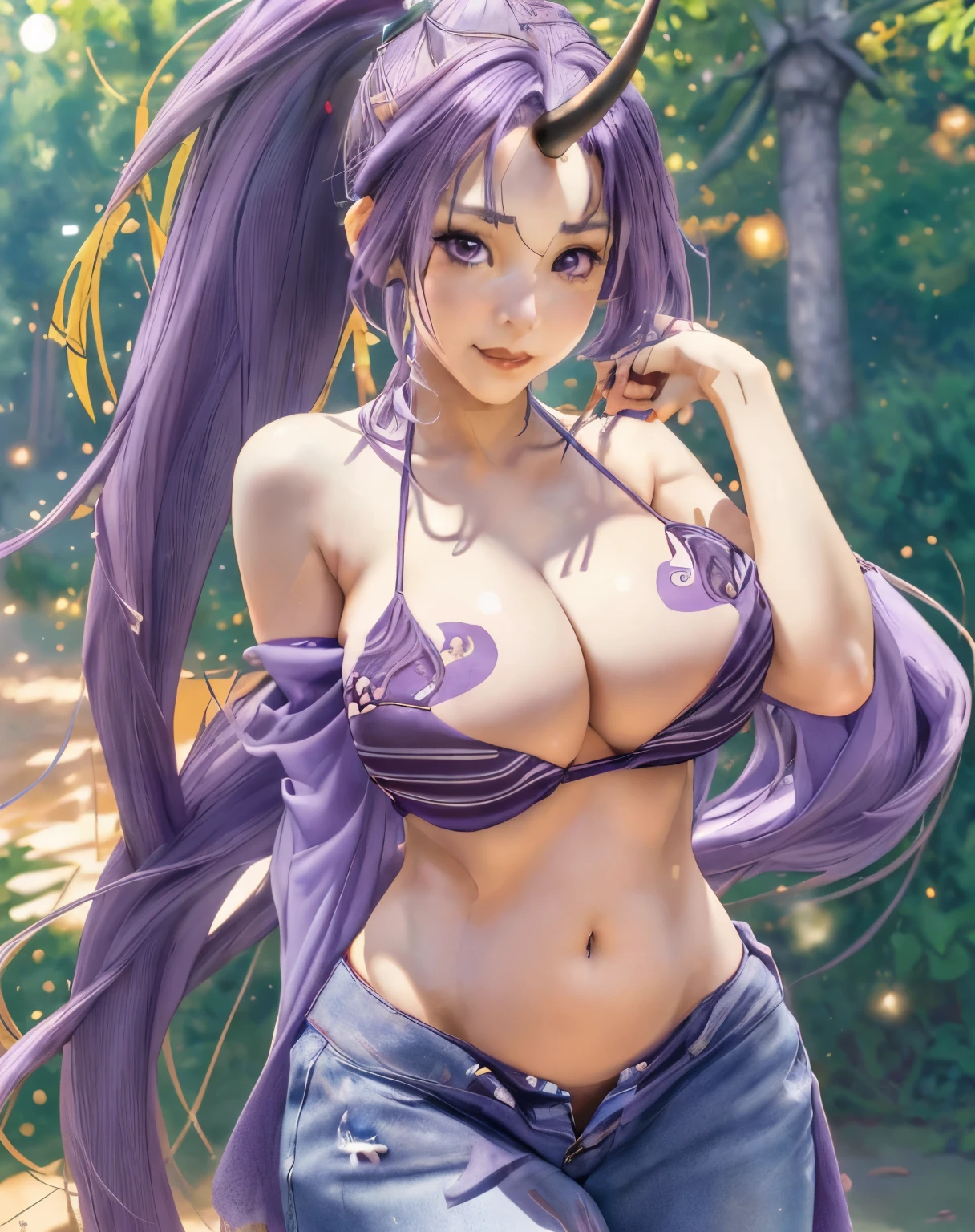 best quality, masterpiece, 1girl, (solo:1.1), female monster with one horn in the middle of her forehead, highly detailed and realistic, ShionTensuraNDV, long purple hair, ponytail, ((detailed and realistic)), detailed face, 8k wallpaper, giant breasts, giant sag, pretty nose, pretty character design, purple thong bikini, nice cleavage, Fair skin, perfect face, expressive eyes, wide hips, standing outdoors, perfect, looking at the viewer, highly detailed unity CG 8k wallpaper , perfect exposure, (masterpiece: 1.0), (best_quality: 1.0), very high resolution, 4K, high detail, photography, 8K, HDR, high resolution, absurd:1.2 , Kodak portra 400, film grain, blurred background , bokeh:1.2 , lens flare, (whole body visible), (vibrant_color:1.2), professional photo, (Beautiful,Large_Breasts : 1.4 ), (beautiful_face:1.5),(narrow_waist).