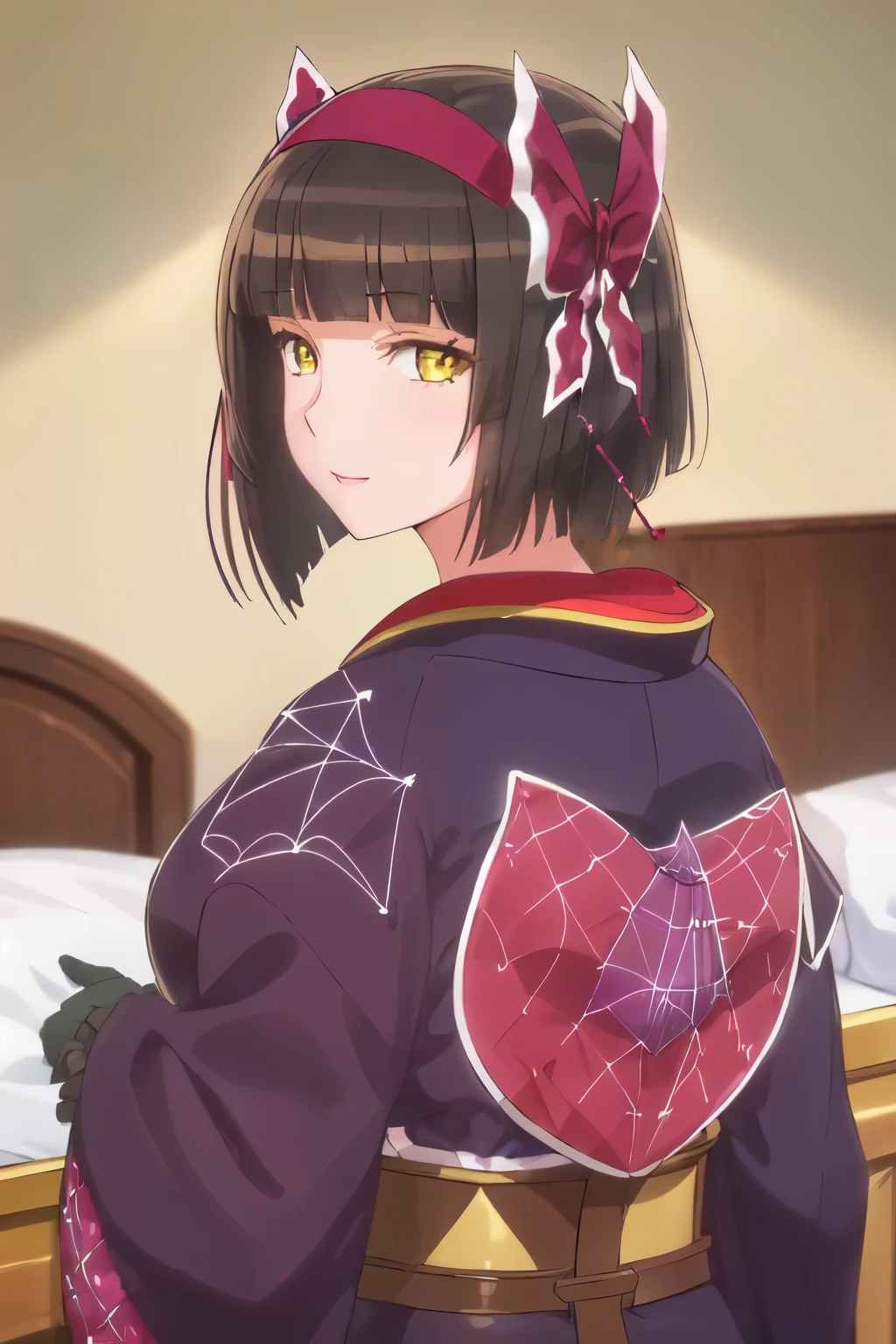 (masterpiece:1.2, highest quality), (Beautiful, detailed eyes: 1.2),glowing eyes,high detailed skin,shiny skin,shiny lips,(Very detailed CG ,unity 8k wallpaper,masterpiece, highest quality, Very detailed),perfect anatomy,figure:0.8,,One girl,((( all fours,top-down ,bottom-up))),  mio, beautiful things,hair band, kimono,  Purple kimono  ,Black gloves, hair bow,spider web print, sash , heart, Hair Ribbon,  High Contrast, perfect lighting,in the bedroom,on the bed,View your viewers,Beautiful sparkle, (Beautifully detailed face, Beautiful fine details)