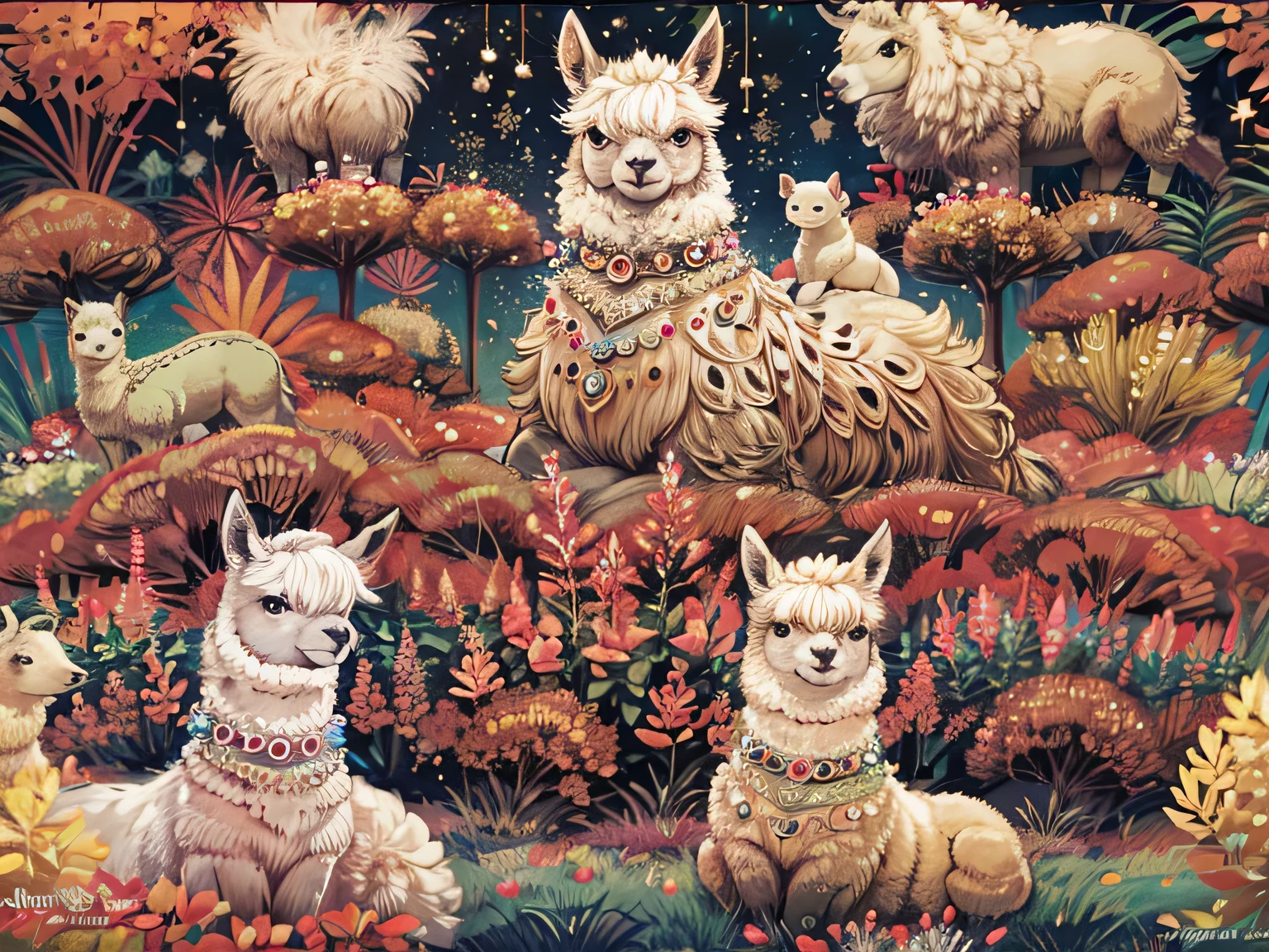 high details, best quality, 16k, [ultra detailed], masterpiece, best quality, a picture of an alpaca (intricate details, Masterpiece, best quality: 1.3) standing on a hilltop at sunset (intricate details, Masterpiece, best quality: 1.2), the alpaca body is dark and (black: 1.2) and filled with stars (intricate details, Masterpiece, best quality: 1.4) ladyshadow, you can see the sun setting behind the alpaca,