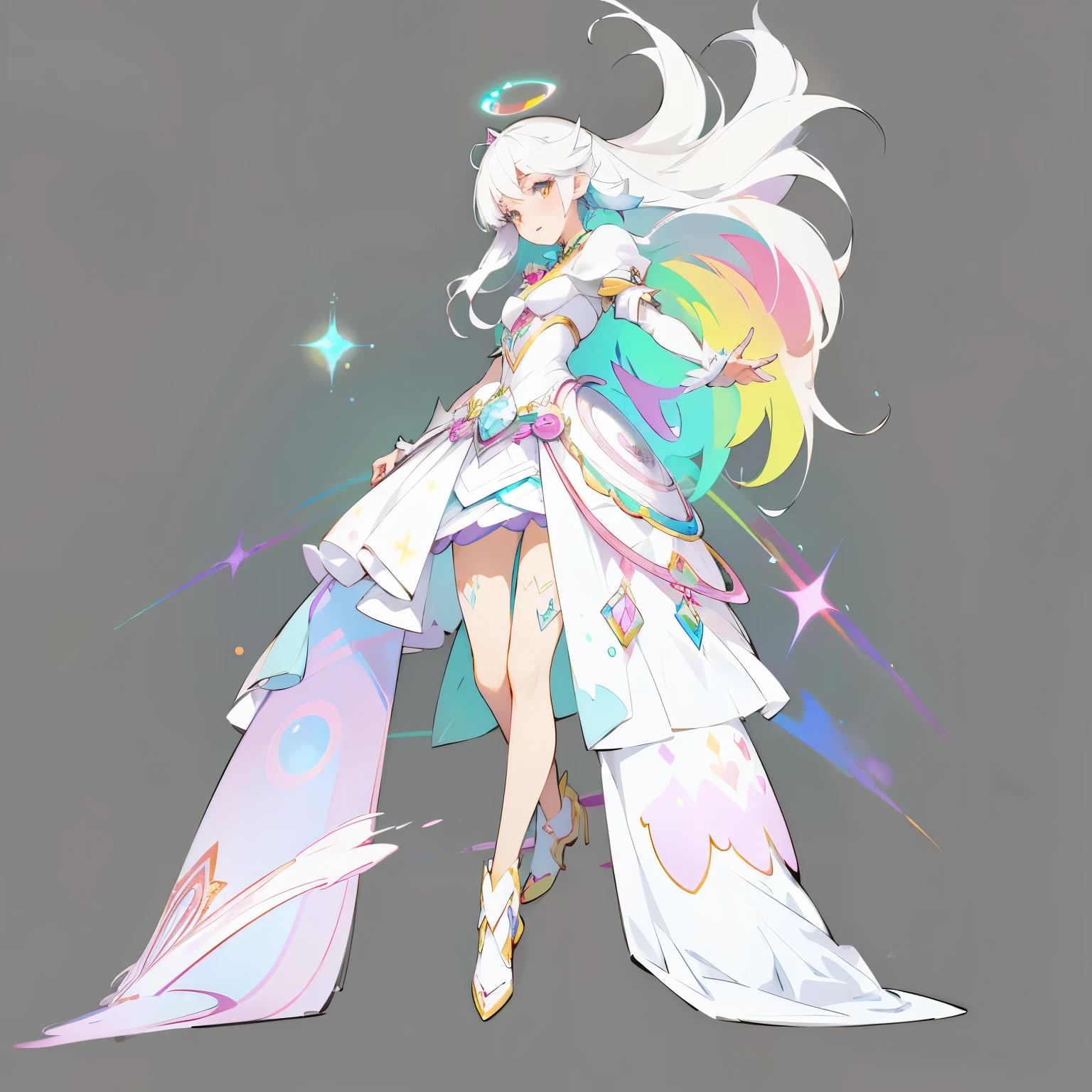 Cartoon closeup shot of a lady in a dress, Ethereal rainbow halo, Barbie in white, Clear clothing design, anime goddess, Suitable for whole body, Magical girl style, Official Character Art, White-haired deity, ( ( Character Concept Art ) ), Anime woman full body art, pretty anime role conception, rich and colorful! role conception, anime role conception