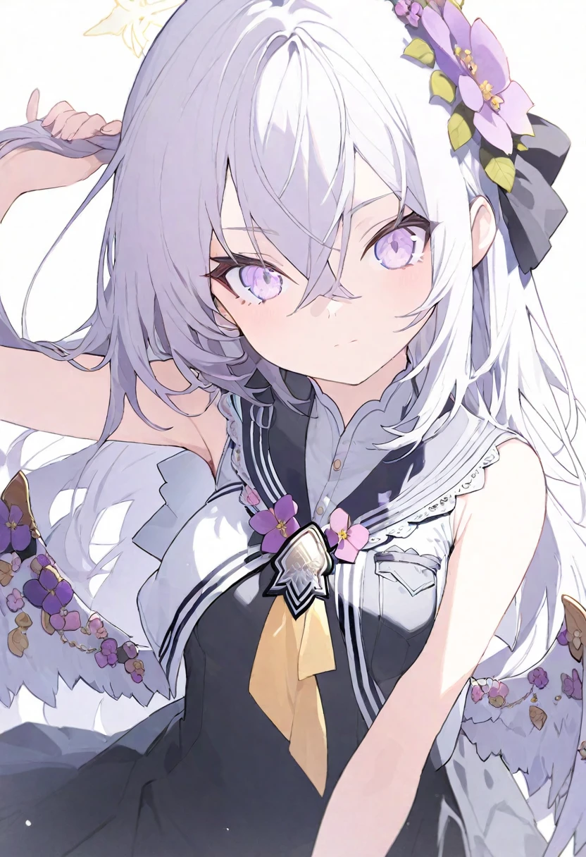 azusa \(blue archive\),AddXL,1girl bare_arms bare_shoulders breasts closed_mouth dress flower grey_hair hair_between_eyes hair_flower hair_ornament hands_up holding holding_hair long_hair low-cut_armhole pink_flower pleated_dress purple_eyes purple_flower sleeveless sleeveless_dress small_breasts solo very_long_hair white_background
