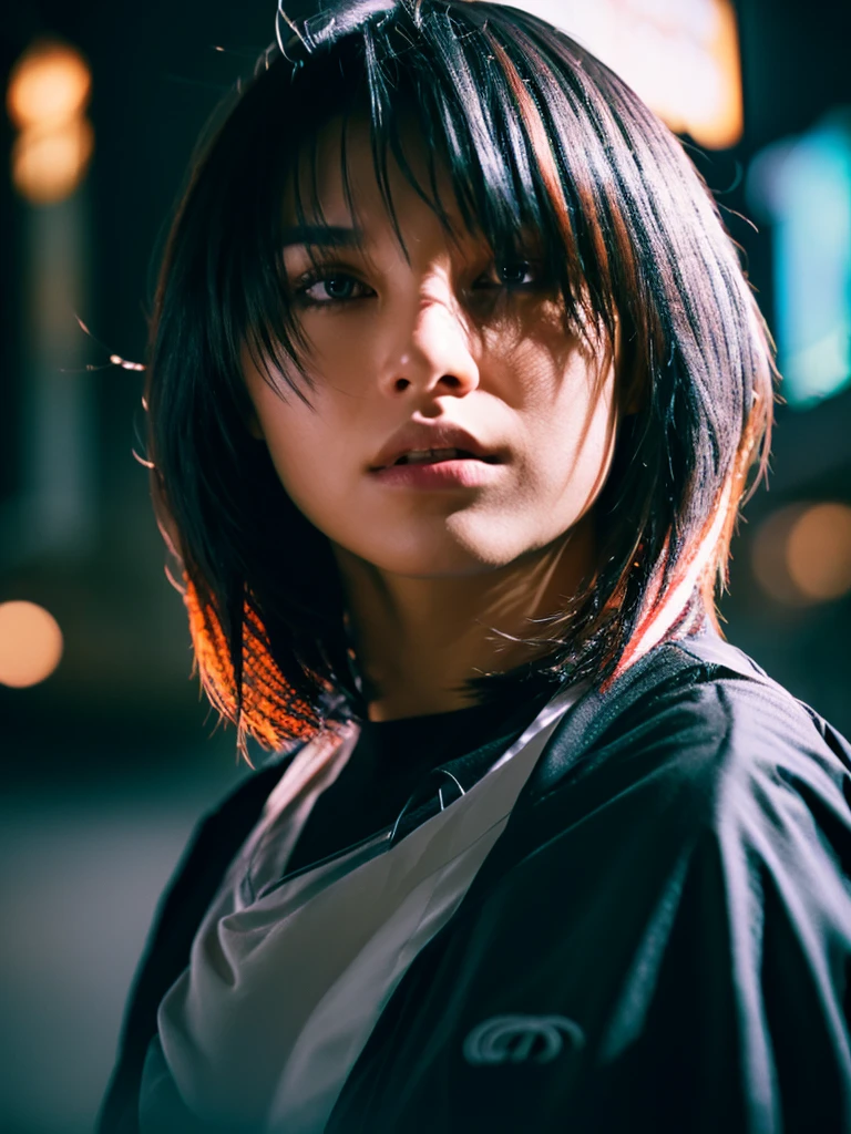 streaked hair, gradient hair, chiaroscuro, depth of field, cinematic lighting, film grain, Fujicolor, UHD, super detail, ccurate, masterpiece, award winning, best quality, anatomically correct, realstic, short hairstyle, detailed face time square detailed background cyberpunk shadow dramatic lighting by Bill Sienkiewicz