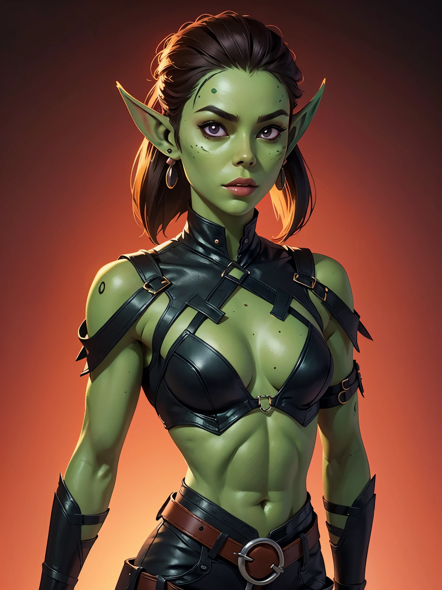 one githyanki girl, githyanki, (green skin, pointy ears, long ears:1.5), solo, (slender body:1.2), (muscular, upper body, bust:1.2), black eyes, black hair, (revealing outfit, tiny breasts, small breasts, male chest, cleavage, exposed body:1.5), bare shoulders, (belts, shoulder-belts:1.3), masterpiece, highly detailed, look at viewer, shiny blured orange background, gradient sprayed background, front view, gradient red purple background, blured background, glowing edges of image