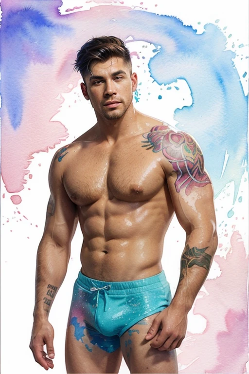 One muscular burly and tattooed solo man, ((watercolor texture)), colorful, soft color, anime illustration, bubble, glitter 