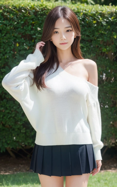 ((Best Quality, 8K, masutepiece: 1.3)), (Sharp Focus: 1.2), 1 girl, smile, Neat and clean beauty, 20 years old, Japanese, Classy and elegant, A pretty girl with perfect figure, Cute, Shy, ((Shoulder-length straight hair swaying in the wind)), Big breasts, sad, (Sweaters: 1.1), Skirt, Highly detailed face and skin texture, Detailed eyes, Picturesque English garden with neatly trimmed hedges and roses