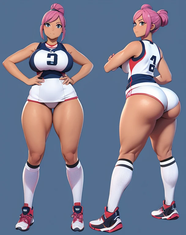 Anime woman, 3d rendering, volleyball player outfit, front and back, same person, thick thighs, big breasts, big ass, wide hips, tanned skin