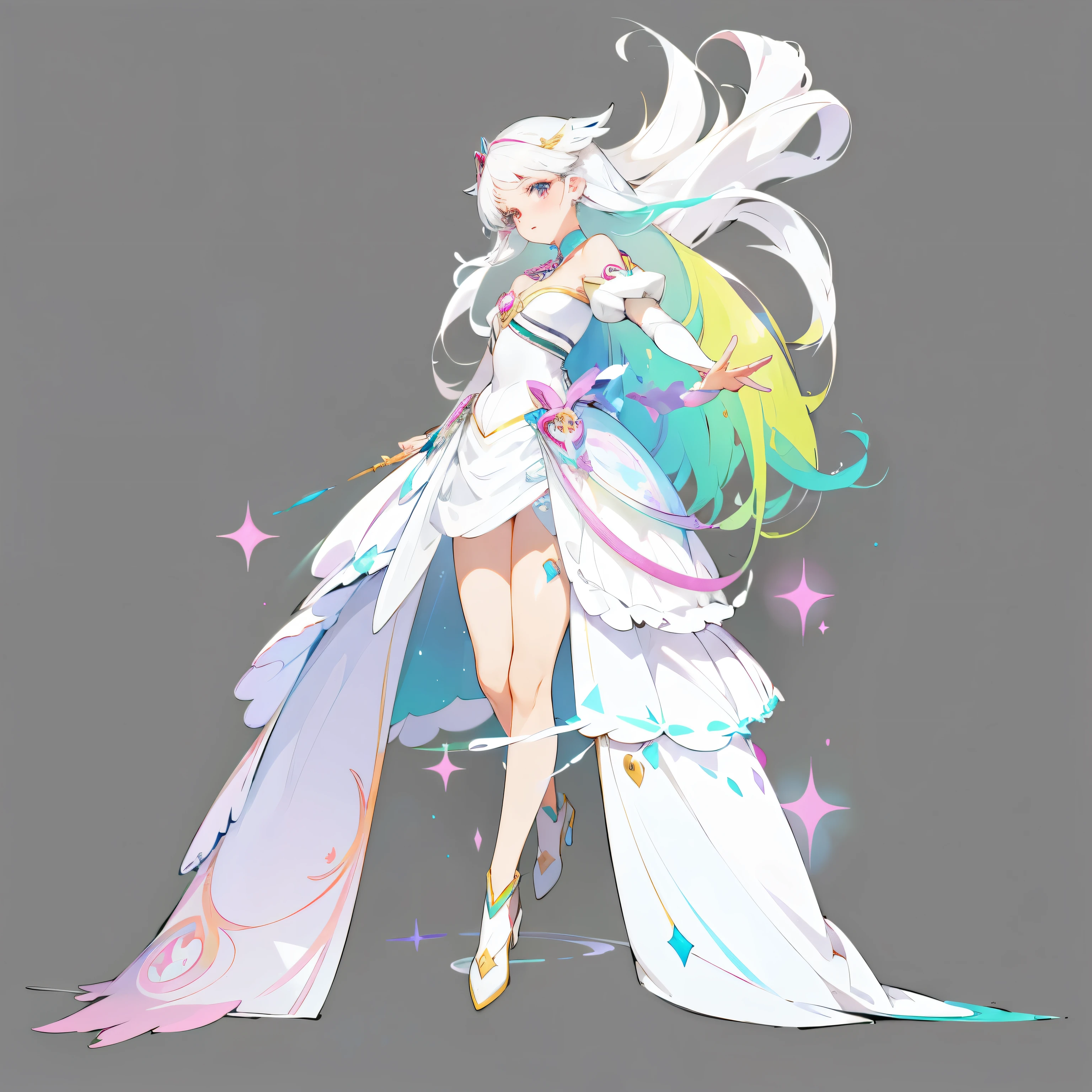 Cartoon closeup shot of a lady in a dress, Ethereal rainbow halo, Barbie in white, Clear clothing design, anime goddess, Suitable for whole body, Magical girl style, Official Character Art, White-haired deity, ( ( Character Concept Art ) ), Anime woman full body art, pretty anime role conception, rich and colorful! role conception, anime role conception