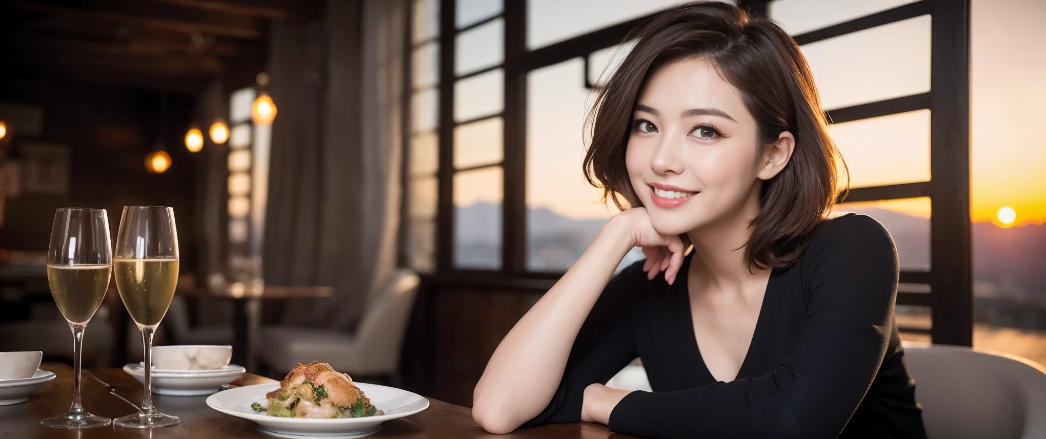 ((highest quality、8k、masterpiece:1.3))、Sharp focus:1.2、Beautiful woman perfect body:1.4、slimなボディ、((Bob Hale、Straight hair:1.2))、(to be born, highest quality, masterpiece:1.5), (Realistic, Intricate details:1.2), Ultra-high resolution, Spectacular view of the sunset sky and clouds、Amazing mountain views、ニコニコ明るいsmile、smileの素敵な女性、Bright image、2. The beauty of wine, Beautiful Face, blue eyes, The light shines on your face, Blushing, short hair,Bright Face、Fox face、 (36 years old), 39 years old, Lady、red wine 、Appetizer、Italian food、Wine bottle、Champagne、sparkling wine、Two beauties、brown hair、Shortcuts、Long sleeve shirt、dress、Pretty Woman 1, (slimな顔), (The body is slim), (brown hair), (Shortcuts), cheeks turn a little red,charming beauty、, Out of the window, A beautiful and detailed night view unfolds.........., restaurant, In a prominent place (From the waist up) nova frog style, actress, model, Upper Body, White wine, slim, wine glass, 真ん中に置かれたwine glass, smile, (smile: 1.15), Beautiful fine grain, Depth f/2,saturation, High Contrast, Strong light and shadow,Moist Body:1.5、3D texture、Delicate eyes、brown hair、The hair is very shiny、