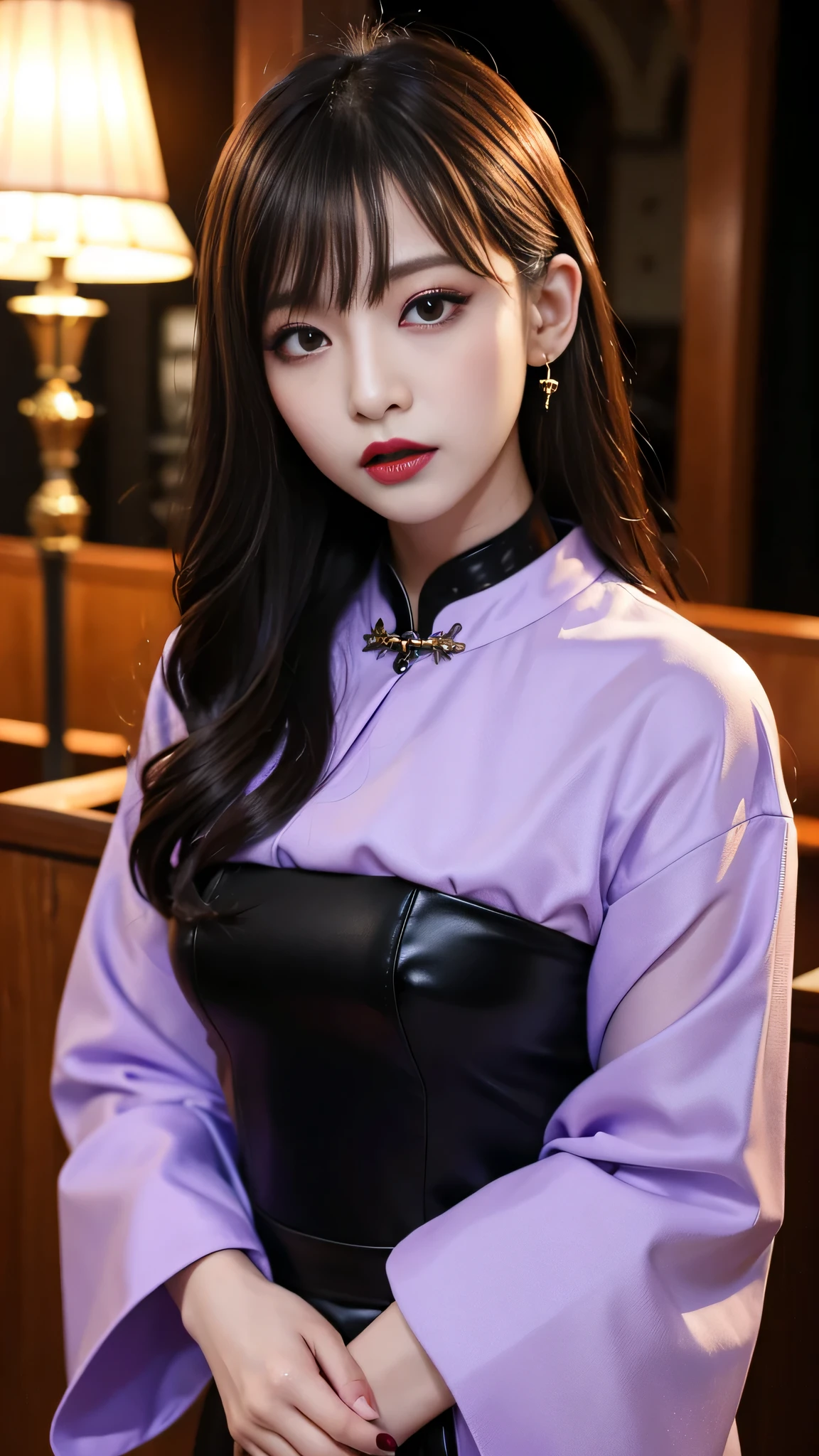 tra-detailed、Japanese、Attractive beauty、seductive adult woman、Pretty Woman、cool girl、brown hair、wavy hair、swept bangs、piercing eyes、hollow eyes、half-closed eyes、Hollow Eyes、Purple Eyeshadow、black lipstick、black lip gloss、dark makeup、smirk、Whisper in my ear、Evil expression、Long Black Cheongsam、Black wide sleeves、Evil cadres、Fallen into evil、brainwash、mind control、evil、Church at night、Swear allegiance、Have lipstick、Are standing