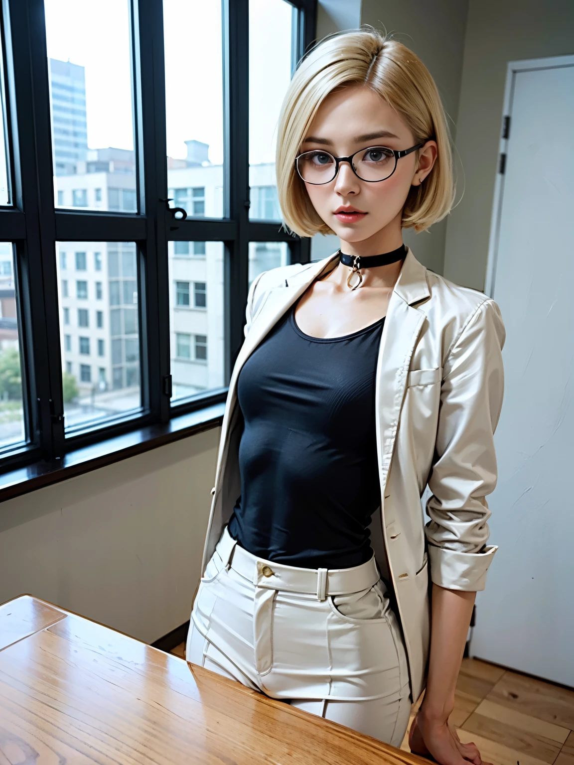 wearing a coat(highest quality、8K、masterpiece:1.3))　perfect shiny shiny skin,perfect skin　pubic hair is growing　blonde　NSFW　Crowded store　bangs　short hair　wearing glasses