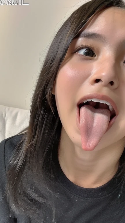 Japanese woman, beautiful girl, , highest quality realistic skin, eyes in focus, 20 years old, sticking out tongue, focus on mouth, open mouth, long tongue, saliva, open mouth wide, inside of mouth visible, open mouth and sticking out tongue, realistic tongue