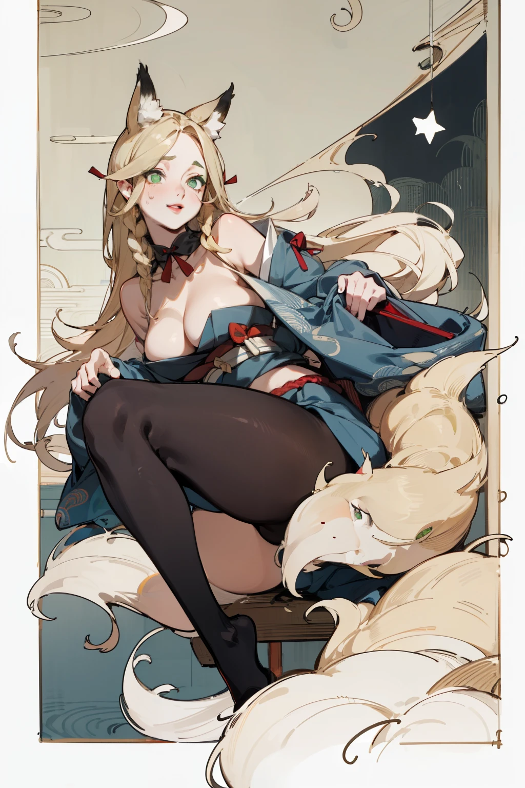 solitary, (Fox ears), Exquisite eyes, blond hair,Facial details, Green Eyes, Red Eyeshadow, lips are red, Fake laugh, Ukiyo-e, masterpiece, high quality, big breasts,Black tights,High heel,Exposing thighs,leaking breasts