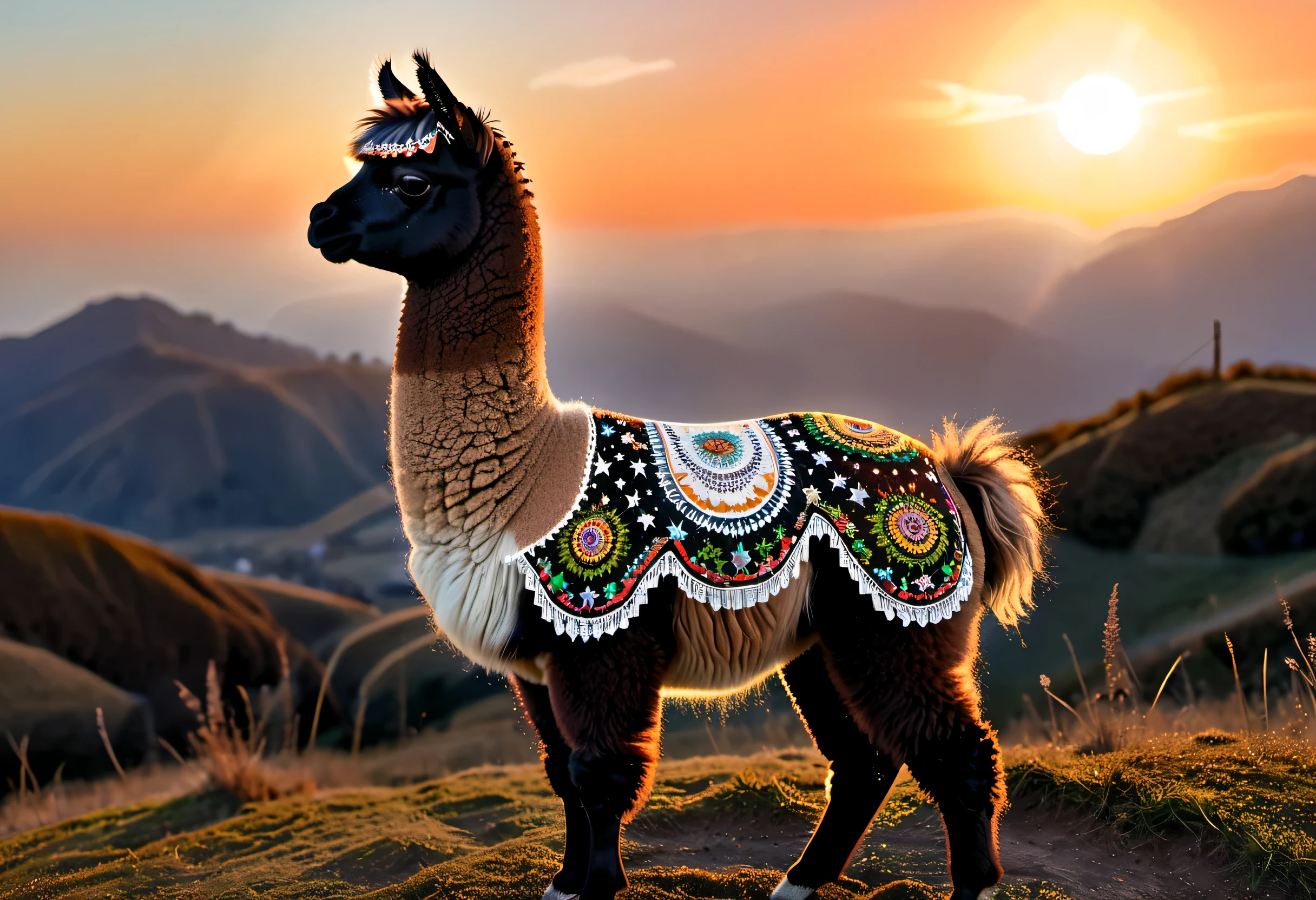 high details, best quality, 16k, [ultra detailed], masterpiece, best quality, a picture of an alpaca (intricate details, Masterpiece, best quality: 1.3) standing on a hilltop at sunset (intricate details, Masterpiece, best quality: 1.2), the alpaca body is dark and (black: 1.2) and filled with stars (intricate details, Masterpiece, best quality: 1.4) ladyshadow, you can see the sun setting behind the alpaca,